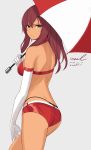  1girl ass back bare_shoulders black_bikini_bottom brown_eyes closed_mouth cowboy_shot dark_skin dated elbow_gloves frown girls_frontline gloves grey_background highres holding holding_umbrella long_hair looking_at_viewer looking_back micro_shorts race_queen red_bikini_top red_hair red_shorts revision saiga-12_(girls_frontline) shorts signature solo standing twitter_username umbrella unel v-shaped_eyebrows white_gloves 