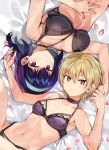  2girls bed black_bra blonde_hair blue_hair blush bra breasts brown_eyes cleavage closed_mouth harumi_hana highres ichihara_chiaki konbu_wakame large_breasts looking_at_viewer lying medium_hair multiple_girls navel official_art on_back purple_eyes sekai_de_ichiban_oppai_ga_suki! short_hair small_breasts smile underwear watermark yuri 