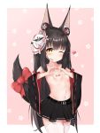  1girl ;) absurdres animal_ear_fluff animal_ears azur_lane bandaid bandaids_on_nipples bangs belt belt_buckle black_belt black_hair black_skirt black_sleeves blush bow breasts buckle closed_mouth collarbone commentary_request detached_sleeves eyebrows_visible_through_hair floral_background flower fox_ears fox_girl fox_mask fox_tail headset heart heart_hands highres long_hair long_sleeves mask mask_on_head nagato-chan nagato_(azur_lane) navel one_eye_closed pasties pink_background pink_flower pleated_skirt red_bow ribbon-trimmed_sleeves ribbon_trim skirt small_breasts smile solo sunglasses tail tail_bow tail_raised thighhighs two-tone_background very_long_hair white_background white_legwear wide_sleeves yellow_eyes 