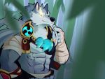  2019 5_fingers abs anthro canid canine canis clothed clothing facial_hair fingers fur grey_body grey_fur hand_wraps humanoid_hands kemmuono law_(sdorica_sunset) male mammal muscular navel plant sdorica sdorica_sunset solo wolf wraps 