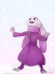  2018 anthro belt clothed clothing coat disney fully_clothed fur grey_body grey_fur judy_hopps lagomorph leporid low-angle_view mammal marema_kishin open_mouth open_smile outside pink_nose purple_eyes rabbit scarf sky smile snow snowing solo standing toeless_legwear topwear zootopia 