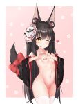  1girl ;) absurdres animal_ear_fluff animal_ears azur_lane bandaid bandaid_on_pussy bandaids_on_nipples bangs black_hair black_sleeves blush bow breasts closed_mouth collarbone detached_sleeves eyebrows_visible_through_hair floral_background flower fox_ears fox_girl fox_mask fox_tail groin headset heart heart_hands highres long_hair long_sleeves mask mask_on_head nagato-chan nagato_(azur_lane) navel nude one_eye_closed pasties pink_background pink_flower red_bow ribbon-trimmed_sleeves ribbon_trim small_breasts smile solo sunglasses tail tail_bow tail_raised thighhighs two-tone_background very_long_hair white_background white_legwear wide_sleeves yellow_eyes 