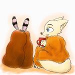  2018 ambiguous_gender anthro arctic_fox barefoot bedding blanket blue_eyes canid canine disney duo ear_markings facial_markings fox fur head_markings holding_cup holding_object jack_savage lagomorph leporid looking_at_another mammal marema_kishin markings rabbit simple_background sitting skye_(zootopia) white_background white_body white_fur zootopia 