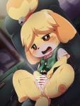  2019 animal_crossing anthro anus blush bodily_fluids canid canine canis censored clothed clothing dagasi domestic_dog female fur genital_fluids hair isabelle_(animal_crossing) mammal nintendo open_mouth pussy pussy_juice solo tears teeth tongue video_games yellow_body yellow_fur 