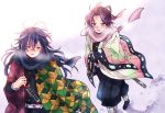  1boy 1girl animal_print belt black_hair blush breath butterfly_hair_ornament butterfly_print cold hair_ornament haori japanese_clothes katana kimetsu_no_yaiba kochou_shinobu long_hair multicolored_hair mutospectacle purple_eyes purple_hair scarf sheath sheathed smile snow sword tomioka_giyuu two-tone_hair uniform weapon white_belt 