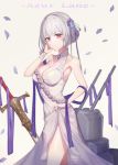  1girl absurdres azur_lane bangs bare_shoulders breasts cleavage closed_mouth commentary copyright_name dress evening_gown eyebrows_visible_through_hair falling_petals flower from_side hair_flower hair_ornament halterneck hand_on_own_cheek head_tilt highres large_breasts red_eyes reikrand rose silver_hair simple_background sirius_(azur_lane) sirius_(white_rose)_(azur_lane) skirt_hold sleeveless sleeveless_dress smile solo standing sword thighs weapon white_background white_dress white_flower white_rose 