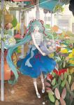  1girl aqua_hair basket blue_dress blue_eyes bouquet chiyakoa dress dress_bow flower frills hair_ribbon hatsune_miku hatsune_miku_expo highres holding holding_bouquet outdoors plant potted_plant purple_ribbon red_ribbon ribbon sleeveless solo standing twintails vocaloid 