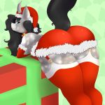  1:1 absurd_res anthro big_breasts blue_eyes booponies breasts clothing collar commando dress equid female festive friendship_is_magic hi_res horn inviting legwear looking_back mammal my_little_pony pussy raised_tail side_boob simple_background smile stockings thick_thighs unicorn 