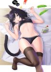  1girl :o afterimage animal_ears aqua_eyes bare_arms bare_shoulders black_bra black_hair black_panties bra breasts brown_legwear cat_ears cat_girl cat_tail cat_teaser commentary_request highres looking_at_viewer medium_breasts mouse nail_polish nanam_(nanam_sk) navel no_shoes open_mouth original panties short_hair solo sparkle speech_bubble stomach sweat tail thighhighs underwear 