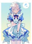  1boy apron bangs blue_eyes blush braid dress gloves goroo granblue_fantasy hair_between_eyes long_hair looking_at_viewer maid maid_headdress male_focus noa_(granblue_fantasy) otoko_no_ko pale_skin silver_hair single_braid solo thighhighs 