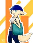  2018 abstract_background anthro arctic_fox black_nose blue_eyes bottomwear canid canine clothed clothing digital_media_(artwork) disney fox fully_clothed fur hat headgear headwear holding_object mammal marema_kishin pants shirt skye_(zootopia) solo tan_body tan_fur tank_top topwear zootopia 