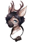  antlers black_hair blue_eyes bust_portrait camera capreoline cervid fur grey_body grey_fur hair horn looking_at_viewer male mammal portrait qostine roe_deer sascha_gr&uuml;newald smile solo 