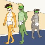  alligator alligatorid anthro briefs bulge canid canine canis clothed clothing crocodilian eyewear felid fuze goggles group male mammal mind_control navel nipples pantherine reptile scalie tiger tighty_whities topless underwear underwear_only wolf 