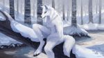  2019 anthro arctic arctic_wolf canid canine canis day detailed_background digital_media_(artwork) digitigrade forest fur hi_res male mammal nude outside pawpads paws river sad sky snow snowfoxatheart solo tree water white_body white_fur winter wolf yellow_eyes 