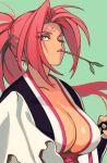  1girl absurdres areola_slip areolae baiken black_kimono breasts brown_eyes cleavage eyelashes facial_tattoo green_background guilty_gear hand_on_hilt highres japanese_clothes kimono large_breasts lips long_hair multicolored multicolored_clothes multicolored_kimono no_bra one_eye_closed optionaltypo pink_hair ponytail solo stalk_in_mouth tattoo white_kimono 