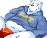  2015 anthro belly bhtoss blue_eyes clothing cute_fangs fur hoodie male mammal navel overweight overweight_male polar_bear simple_background solo text topwear underwear ursid ursine white_background white_body white_fur 