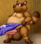  2019 animal_crossing anthro apron balls belly big_balls big_penis blue_eyes brown_body brown_fur canid canine clothing erection fur humanoid_hands male mammal nintendo overweight overweight_male penis raccoon_dog solo tanuki thevillager tom_nook_(animal_crossing) video_games 