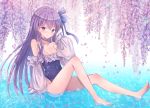  1girl bangs bare_shoulders barefoot blue_bow blue_choker blue_ribbon blue_swimsuit blush bow breasts choker covered_navel fate/grand_order fate_(series) flower hair_bow long_hair long_sleeves looking_at_viewer lp_(siston) meltryllis meltryllis_(swimsuit_lancer)_(fate) outdoors purple_eyes purple_hair ribbon sitting sitting_on_water sleeves_past_fingers sleeves_past_wrists small_breasts solo swimsuit very_long_hair water wisteria 