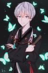  1boy black_background black_kimono blue_butterfly blue_eyes bug butterfly character_request crossed_arms fan folding_fan insect japanese_clothes kimono long_sleeves looking_at_viewer lp_(siston) male_focus original silver_hair solo standing tassel upper_body 