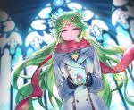  1girl :d alternate_costume aqua_eyes backlighting bangs black_gloves blurry blurry_background breath casual circlet coat depth_of_field earrings gloves green_hair jewelry kid_icarus light_rays long_sleeves necklace open_mouth palutena parted_bangs pit_(kid_icarus) red_scarf scarf smile snow_globe solo striped upper_body vertical_stripes white_coat window winter_clothes winter_coat yuduki_(tt-yuduki) 