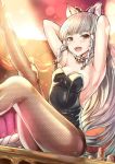  animal_ears bangs bare_shoulders black_leotard blunt_bangs bow bowtie braid breasts brown_eyes brown_legwear bunny_girl bunnysuit casino cleavage detached_collar erune fishnet_legwear fishnets granblue_fantasy hair_bow heterochromia highleg highleg_leotard leotard long_hair looking_at_viewer multiple_braids open_mouth pantyhose pholia quad_braids red_eyes short_eyebrows side_braids silver_hair smile strapless strapless_leotard taiki_ken thick_eyebrows 