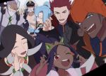  3girls 4boys beard black_hair blue_hair claw_pose dark_skin dark_skinned_male dracaena_(pokemon) dress facial_hair genji_(pokemon) hat hood hoodie ibuki_(pokemon) iris_(pokemon) kibana_(pokemon) long_coat long_hair multiple_boys multiple_girls mustache one_eye_closed pokemon ponytail purple_hair red_hair shaga_(pokemon) suspenders tiara v wataru_(pokemon) white_hair 