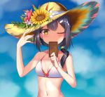  1girl alternate_hair_length alternate_hairstyle bikini blue_sky breasts cellphone cellphone_camera cloud commentary_request fate/kaleid_liner_prisma_illya fate_(series) flower hair_over_shoulder hat highres long_hair looking_at_viewer misakisanakichi miyu_edelfelt one_eye_closed phone sky small_breasts smile solo straw_hat sun_hat sunflower swimsuit upper_body white_bikini 