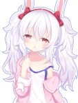  1girl :o absurdres animal_ears azur_lane bangs bare_shoulders bow breasts bunny_ears camisole collarbone commentary_request covered_navel drooling eyebrows_visible_through_hair hair_between_eyes hairband hand_up highres jacket laffey_(azur_lane) long_hair long_sleeves looking_at_viewer mouth_drool off_shoulder open_clothes open_jacket outline parted_lips pink_jacket red_bow red_eyes red_hairband satori_(ymoy) silver_hair simple_background small_breasts solo strap_slip twintails upper_body white_background white_camisole 