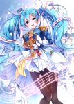  1girl :d absurdres band_uniform beamed_eighth_notes blue_eyes blue_hair blue_headwear blue_jacket blush bow breasts brown_legwear commentary_request eighth_note epaulettes french_horn glint gloves goroo_(eneosu) hair_ornament hairclip hat hatsune_miku highres holding holding_instrument instrument jacket long_hair long_sleeves medium_breasts mini_hat mini_shako_cap musical_note musical_note_print open_mouth pantyhose pink_jacket pleated_skirt round_teeth shako_cap skirt smile snowflake_print solo teeth twintails upper_teeth very_long_hair vocaloid white_bow white_gloves white_skirt x_hair_ornament yuki_miku yuki_miku_(2020) 