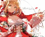  &gt;:) 1girl bangs blonde_hair breasts cleavage closed_mouth commentary_request dress epaulettes eyebrows_visible_through_hair fate/grand_order fate_(series) fukuda935 green_eyes hair_bun hair_ribbon juliet_sleeves long_sleeves nero_claudius_(fate) nero_claudius_(fate)_(all) nipples outstretched_arm petals puffy_sleeves red_dress red_ribbon ribbon see-through short_hair shrug_(clothing) sidelocks simple_background small_breasts smile solo strapless strapless_dress translation_request upper_body white_background 