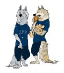  anthro barefoot beverage black_nose bottomwear brown_body brown_fur burger canid canine canis clothed clothing disney duo fluffy fluffy_tail food fully_clothed fur holding_beverage holding_cup holding_food holding_object male mammal pants shirt simple_background standing t-shirt topwear uboots whistle white_background white_body white_fur wolf zootopia 