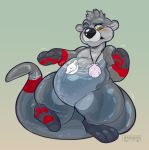 2019 3_fingers 3_toes animate_inanimate anthro belly big_belly black_nose blush digital_drawing_(artwork) digital_media_(artwork) fingers gradient_background hindpaw inflatable inflation jayboppity jazzotter jewelry living_inflatable lutrine male mammal markings multicolored_body mustelid necklace nozzle nude pawpads paws red_pawpads rubber seashell shell simple_background solo toes water 