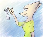  2018 anthro arctic_fox blue_background blue_eyes canid canine claws clothed clothing digital_media_(artwork) disney female fox fur holding_object mammal marema_kishin pawpads shirt side_view simple_background skye_(zootopia) solo t-shirt topwear white_body white_fur zootopia 