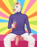  2019 animal_genitalia animal_penis anthro balls blush clothed clothing cup digital_media_(artwork) equid equine equine_penis eyebrows fur grumpycorn hair horn horse hot_drink invalid_tag jumper looking_away male mammal penis sitting solo timidwithapen unicorn 