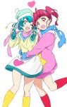  2girls :d ;d ahoge blue_eyes blue_gloves blue_hair blue_scarf double_v fingerless_gloves gloves hagoromo_lala highres hoshina_hikaru looking_at_viewer multiple_girls one_eye_closed open_mouth pink_eyes precure red_hair scarf short_hair simple_background smile star star-shaped_pupils star_twinkle_precure symbol-shaped_pupils twintails umanosuke v white_background 