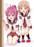  /\/\/\ black_legwear blonde_hair blush_stickers brown_eyes collarbone commentary_request drooling fang food hair_ornament hairclip kneeling long_hair medium_hair nanamori_school_uniform oomuro_sakurako open_mouth pontasu ponytail pudding purple_eyes purple_hair saliva school_uniform serafuku shoes speech_bubble squatting sugiura_ayano sweatdrop translation_request yuru_yuri 