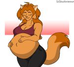  breasts cjshadorunner cleavage clothed clothing domestic_cat felid feline felis female hair mammal pregnant smile solo 