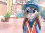  2016 ambiguous_gender anthro buckteeth building city clothed clothing disney ears_down fur grey_body grey_fur hat headgear headwear judy_hopps lagomorph leporid mammal open_mouth outside pink_nose pivoted_ears plant police_uniform potted_plant purple_eyes rabbit ruaidri solo teeth uniform zootopia 