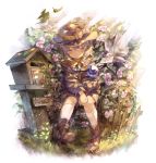  1girl :o adapted_costume ankle_boots aqua_hair belt_boots bird blouse boots brown_footwear brown_headwear bug butterfly closed_eyes commentary_request dappled_sunlight dove english_text fence flower flower_request glint grass hair_between_eyes hands_together hat hat_ribbon insect kneehighs komeiji_koishi light_rays love_letter off-shoulder_jacket picket_fence plant postbox_(outgoing_mail) ribbon sekisei_(superego51) short_sleeves shorts sitting solo sunbeam sunlight third_eye touhou vines wheel white_background white_legwear wooden_fence yellow_blouse 