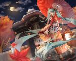  1girl :d absurdly_long_hair absurdres aqua_eyes aqua_hair autumn_leaves black_bow bow building chee_(hyunjjang030) cloud dutch_angle floating_hair floral_print full_moon hair_bow hair_ornament hatsune_miku highres holding holding_umbrella huge_filesize japanese_clothes kimono kyoto lantern leaf long_hair long_sleeves looking_at_viewer looking_back maple_leaf moon night night_sky obi open_mouth oriental_umbrella outdoors outstretched_hand paper_lantern print_kimono red_kimono sandals sash sky smile standing star_(sky) starry_sky tabi tree twintails umbrella very_long_hair vocaloid wide_sleeves yukata 