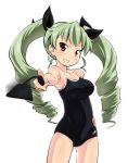  1girl anchovy bare_shoulders blush breasts brown_eyes cleavage collarbone covered_navel drill_hair eyebrows_visible_through_hair girls_und_panzer green_hair hair_ornament hair_ribbon hand_on_hip highres kusaba_(kusabashiki) large_breasts looking_at_viewer parted_lips ribbon shiny shiny_hair shiny_skin simple_background smile solo standing swimsuit swimwear teeth twin_drills twintails white_background 