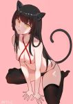 1girl absurdres animal_ears black_hair black_legwear black_panties blush bsmycc cat_ears cat_girl cat_tail eyebrows_visible_through_hair highres long_hair looking_at_viewer original panties parted_lips pink_background red_ribbon ribbon simple_background sitting skindentation solo star tail tail_raised thighhighs topless underwear underwear_only very_long_hair wariza yellow_eyes 