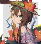  1girl absurdres amiya_(arknights) animal_ears arknights bare_shoulders blue_eyes brown_hair bunny_ears closed_mouth flower from_side goggles goggles_on_head hair_between_eyes hat hat_flower highres long_hair looking_at_viewer off-shoulder_shirt off_shoulder plaid plaid_shirt red_flower shirt short_sleeves smile solo sun_hat upper_body very_long_hair xtears_kitsune 