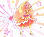  1girl amamiya_erena bare_shoulders blonde_hair blush boots choker commentary_request cure_soleil dark_skin dress full_body hair_ornament high_heel_boots high_heels highres knee_boots kyoutsuugengo long_hair looking_at_viewer magical_girl orange_dress pose precure purple_choker purple_earrings purple_eyes smile solo star star_hair_ornament star_twinkle_precure starry_background sun_(symbol) tiara very_long_hair wrist_cuffs yellow_footwear 