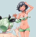  2girls anchovy armpits bikini_shorts black_hair blue_background blush braid breasts cleavage closed_eyes collarbone drill_hair eyebrows_visible_through_hair fang girls_und_panzer green_hair green_shorts groin hair_ornament hair_ribbon hand_on_own_head kusaba_(kusabashiki) large_breasts multiple_girls navel open_mouth pepperoni_(girls_und_panzer) ribbon shiny shiny_hair shiny_skin short_hair shorts simple_background smile swimwear tan tanline tongue topless twintails 