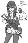  1girl ak-47 assault_rifle bangs beanie bolt copyright_name dated eyebrows_visible_through_hair fingerless_gloves freckles gloves greyscale gun hair_between_eyes hand_up hat highres holding holding_gun holding_weapon jacket looking_at_viewer monochrome ndtwofives open_mouth pants rifle simple_background solo stalker_(game) trigger_discipline weapon white_background 