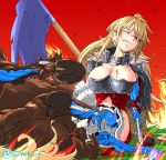  1girl ahoge android areola_slip areolae arm_support armor bangs blonde_hair blood blue_flag blunt_bangs breastplate breasts centaur chainmail cleavage_cutout collar commentary damaged dated electricity fire gradient gradient_background grass hooves horse_tail knight large_breasts light_particles long_hair metal_collar mixed-language_commentary monster_girl multiple_legs navel one_eye_closed original parts_exposed red_background red_eyes scar signature sweatdrop tail torn_capelet torn_clothes torn_flag zippedsquire 