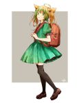  1girl ahoge animal_ears apple atalanta_(fate) bag blonde_hair bookbag braid cat_ears child dress eyebrows_visible_through_hair fate/grand_order fate_(series) food french_braid fruit green_dress green_eyes green_hair hair_between_eyes hair_ornament highres juliet_sleeves long_sleeves multicolored_hair png0730 puffy_sleeves short_twintails thighhighs twintails younger 