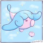  2019 blue_background blue_hair blush blush_stickers cloud crossover floating hair hair_over_eyes hatenna kirby kirby_(series) nintendo pok&eacute;mon pok&eacute;mon_(species) simple_background sky sparkles tongue tongue_out unknown_artist video_games waddling_head 