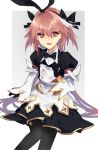 1boy absurdres astolfo_(fate) astolfo_(saber)_(fate) bangs black_bow black_dress black_gloves black_legwear black_neckwear black_ribbon blush border bow bowtie buttons dress fang fate/grand_order fate_(series) gloves grey_background hair_between_eyes hair_bow hair_intakes hair_ribbon highres juliet_sleeves layered_skirt long_hair long_sleeves looking_at_viewer low_twintails moonlaw multicolored_hair open_mouth otoko_no_ko pink_hair puffy_sleeves purple_eyes ribbon skirt smile solo streaked_hair thighhighs twintails white_border white_hair white_skirt wide_sleeves wing_collar 